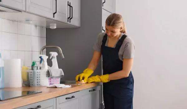 woman cleaning a kitchen countertop