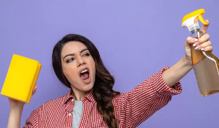 young woman holding a cleaning spray and a wipe in her hands